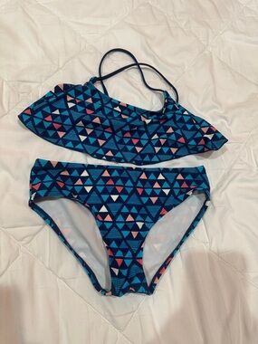 Girls Navy Blue & Pink Triangle Print Bikini Set size 10